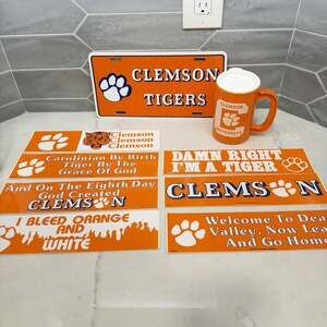 Vintage Clemson Tigers Fan Lot License Plate Bumper Sticker Travel Mug Sippy Cup